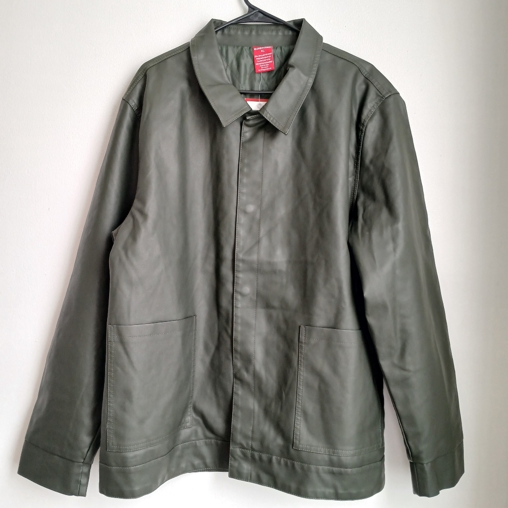 Ring of Fire, Men's Faux Leather Jacket Olive Green Size XL Snap Button Up